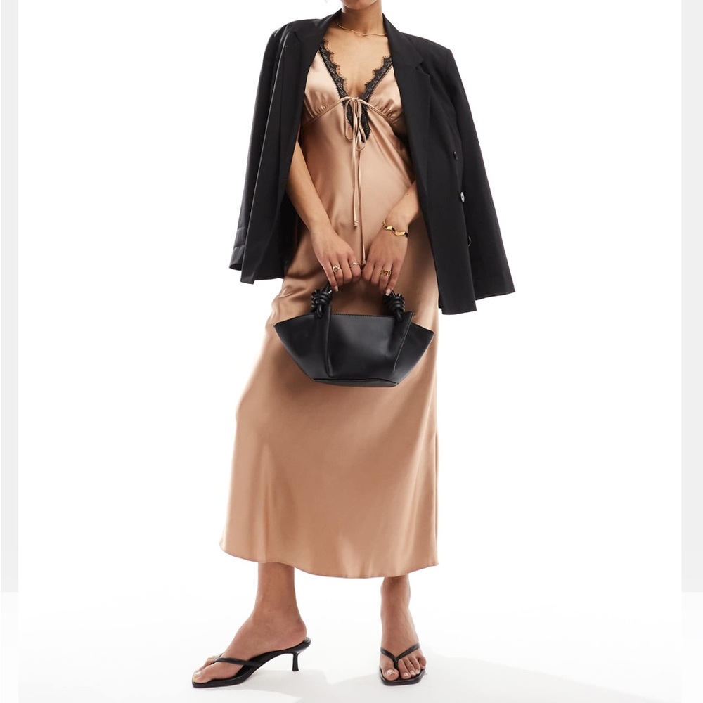Lace front satin maxi slip dress